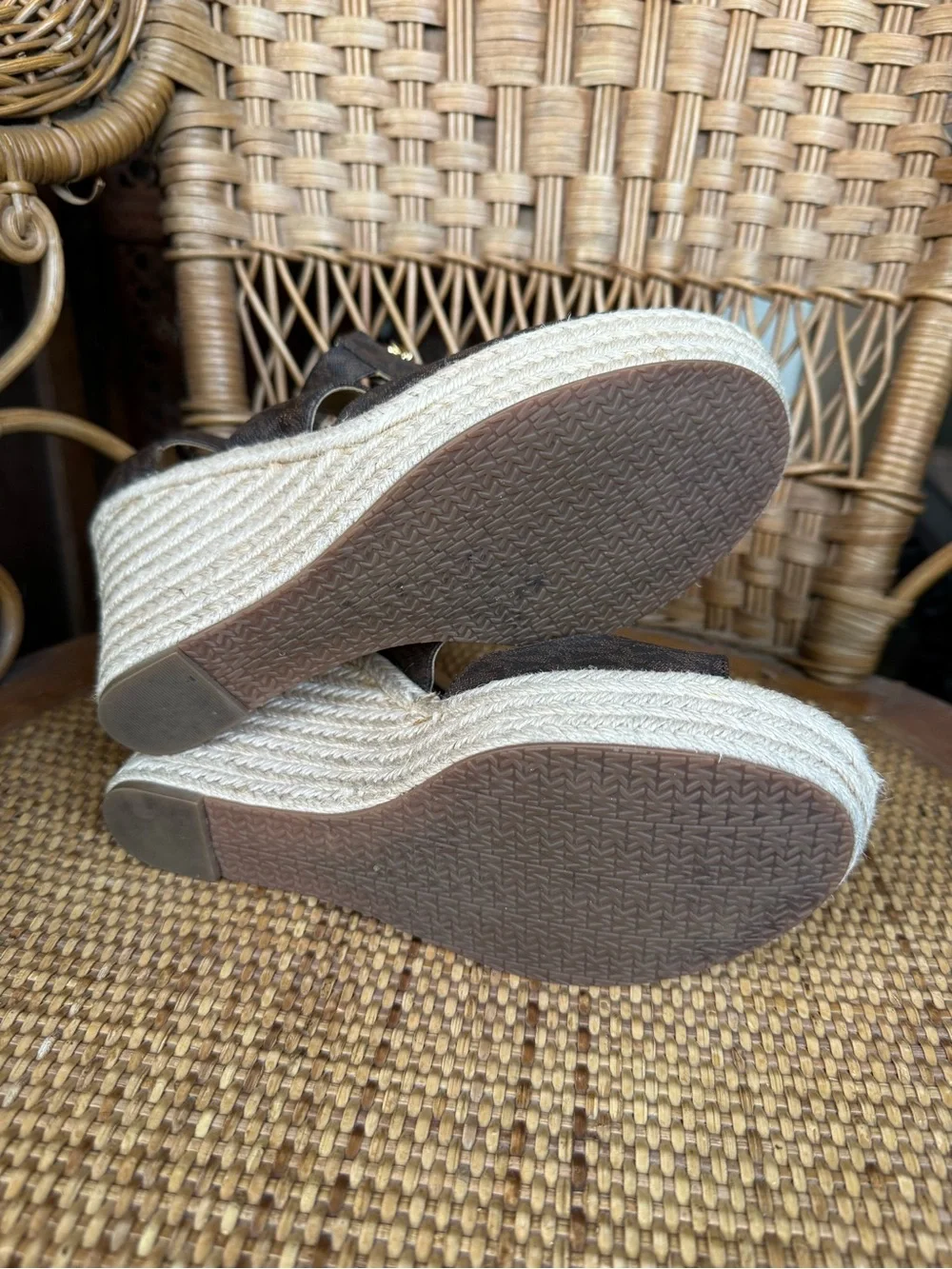 Michael Kors Dark Brown Signature Canvas Espadrille Wedge Sandals with Gold Zip